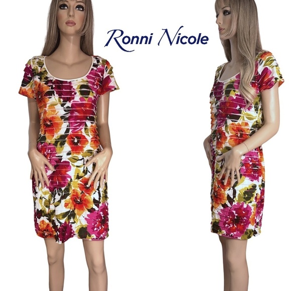 Ronni Nicole Dress Sheath Ruched Horizontal Ruffles Multi Colour Floral Print - Picture 14 of 16